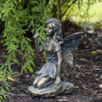 Northlight Set of 2 Bronze Kneeling Fairies with Flowers and a Butterfly Outdoor Garden Statues - 7"