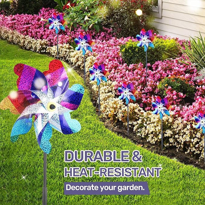 BATTIFE Reflective Pinwheels for Yard and Garden, Pre-Installed Sparkly Blind Birds Pin Wheel, Scare Birds & Animal Away Wind Spinner, 10 Pack (Colorful)