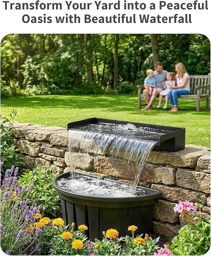 POPOSOAP 24inch Pond Waterfall Spillway with Filter Box & 1600GPH Pump, Self-Circulating Water Feature with LED Lights, Pondless Waterfall for Garden Backyard Courtyard Landscape Decoration-P7665
