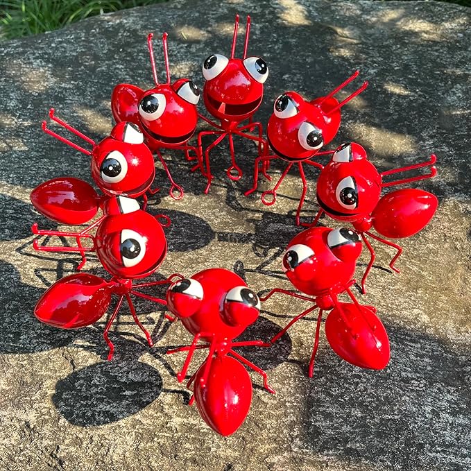 Cruis Cuka Metal Yard Art Garden Decor for Outside Cute Ants Yard Decorations Outdoor Lawn Ornaments Backyard Gifts for Mom - Set of 8（All Red）