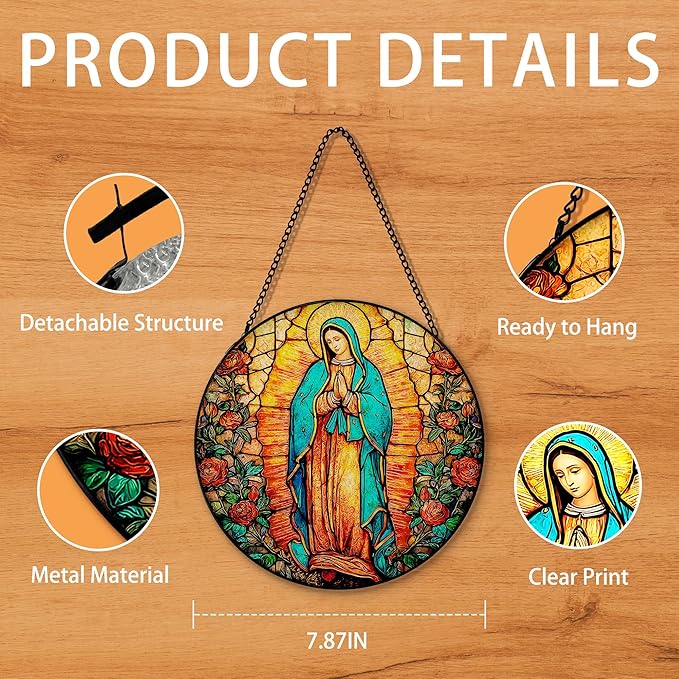 Our Lady of Grace Suncatcher Stained Glass Window Hanging, Christian Virgin Mary Flower Sun Catchers Indoor Window Glass Round Wall Decor, Catholic Rose Wall Art Hanging Decorations, ＂7.8x7.8＂