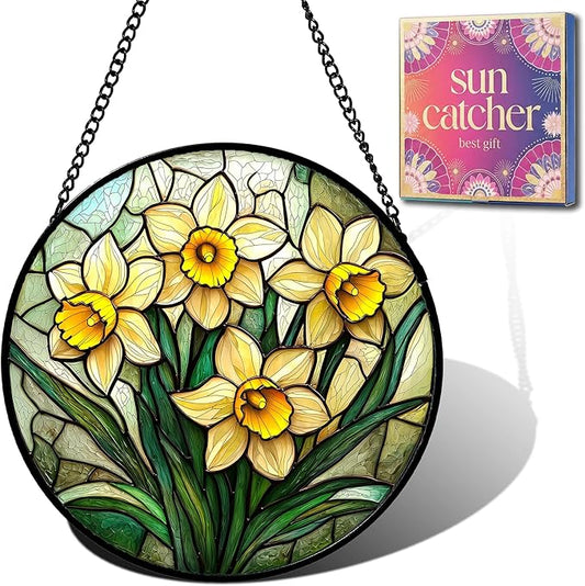 Birthday Gifts for Women - Yellow Daffodils Faux Stained Glass Window Hanging Sun Catcher for Door Garden Acrylic Decor Mother's Day Christmas for Mom Men Nana Grandma Sisters 9.8"