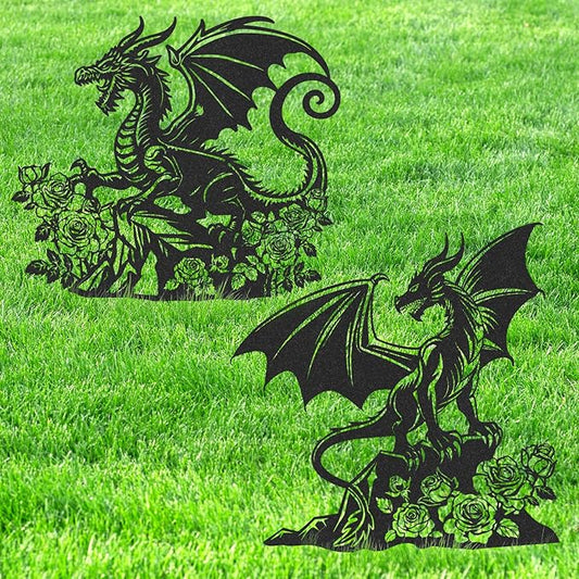 Dragon Decor Garden Stakes - 2 Pcs Metal Yard Art Statues Waterproof Outside Dragons Silhouette Decoration Patio Lawn Backyard Walkway Sign Christmas New Year Birthday Gifts for Women Mom