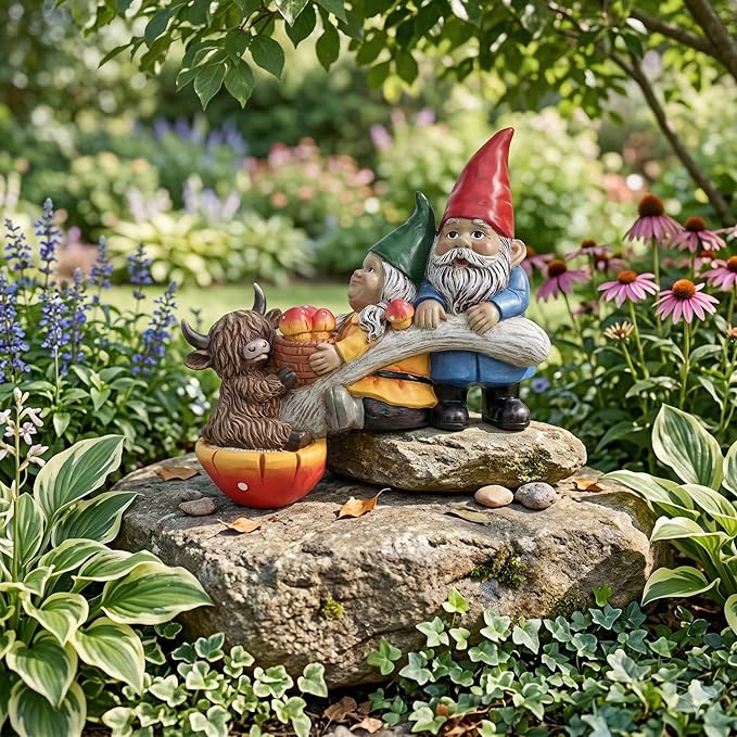 Garden Gnomes and Highland Cow Statue with Mushroom Solar Light, Couple Gnome Figurine for Outdoor Patio Lawn Porch Yard Edge Shelf Sitter Decoration, Garden Knome Holiday Indoor Decor, Love Gift