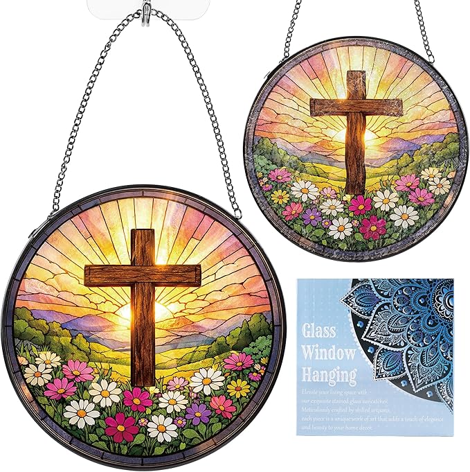 Stained Glass Window Hanging Suncatcher, 8" Round Religious Cross Sun Catcher, Decorative Glass Art for Home Garden, Faith Gift for Women Mom Grandma