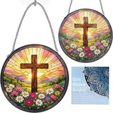 Stained Glass Window Hanging Suncatcher, 8" Round Religious Cross Sun Catcher, Decorative Glass Art for Home Garden, Faith Gift for Women Mom Grandma