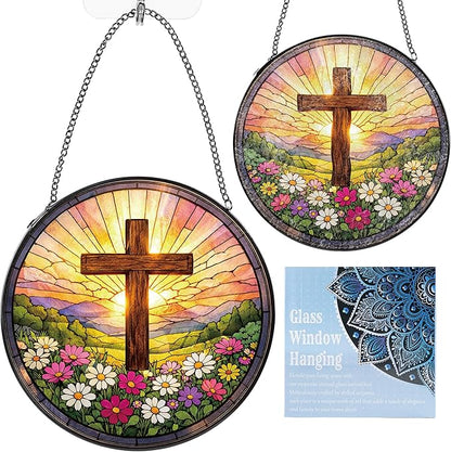 Stained Glass Window Hanging Suncatcher, 8" Round Religious Cross Sun Catcher, Decorative Glass Art for Home Garden, Faith Gift for Women Mom Grandma