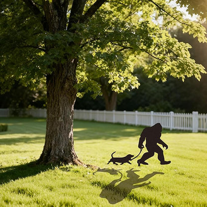 Bigfoot Garden Stake Laser Cut Metal Sasquatch Statue Walking Dachshund Dog on Leash Funny Yard Decor, Outdoor Metal Yard Art Silhouette, Sign for Garden & Lawn