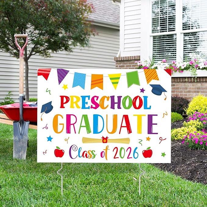 Preschool Grad Yard Sign - Class of 2026 Kindergarten Graduate Lawn Sign with Stake School Congrats Graduation Decorations Colorful Graduation Party Favors Supplies Outdoor Photo Booth Props for Kids