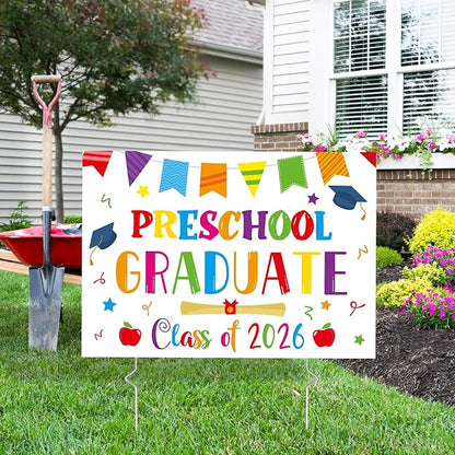 Preschool Grad Yard Sign - Class of 2026 Kindergarten Graduate Lawn Sign with Stake School Congrats Graduation Decorations Colorful Graduation Party Favors Supplies Outdoor Photo Booth Props for Kids