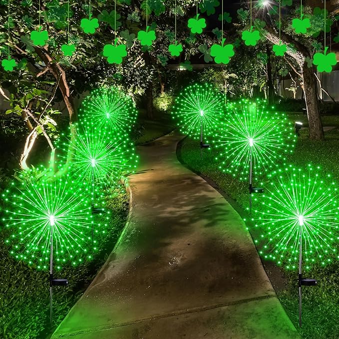 Tujoe 6 Pcs St. Patrick's Day Solar Firework Stake Lights 180 LED 8 Modes Waterproof LED Sparkler Lights Outdoor Decoration for Irish Garden Patio Yard Pathway Walkway Lawn, Green