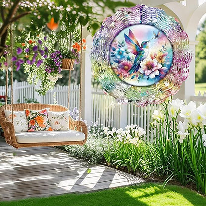 Hummingbird Wind Spinner Outdoor, Nature Gift for Women Men, Hanging Metal Wind Catcher with 5" Center Pendant, 12" 3D Stainless Steel Kinetic Art for Garden Yard Decor