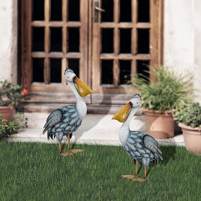 TERESA'S COLLECTIONS 42 inch Glass Blue Heron Solar Stake Light + Metal Pelican Statue for Garden Decor, Decorative Bird Art Sculpture Ornaments for Patio Lawn Backyard Outdoor Decorations