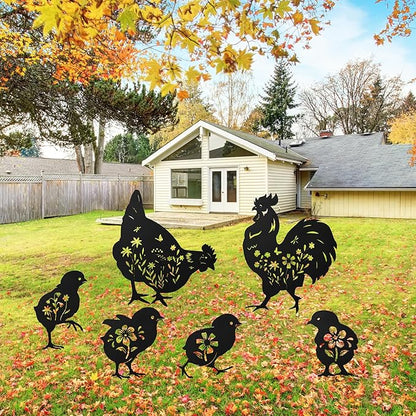 Romart Chicken Silhouette Garden Stakes Decorations - 6 Pcs Metal Chicken Animals Statues, Black Rustic Animal Sculpture Set, Yard Art for Outdoor Garden & Patio Lawn
