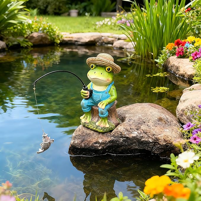 Teaeeno Funny Frog Statue Garden Statue,Frog Fisher for Garden Pond Decor,Pond Accessories Decor,Poolside Statues,Perfect for Garden Pond,Lakefront,Forg Decor Outdoor(Green)