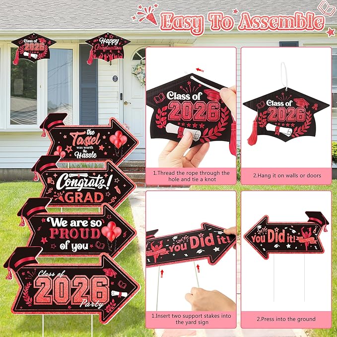 Class of 2026 Graduation Yard Sign Arrow for Outdoor Pathway,Graduation Cap Hanging Yard Signs,Black Red This Way Yard Signs with Stakes Ribbon,Graduation Party Decor for College High School