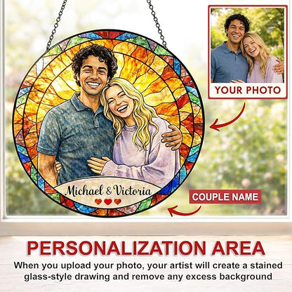 Personalized Photo Couple Stained Glass Suncatcher, Custom Picture Window Hanging Glass, Unique for Wedding Married Couples, Valentine's Day Girlfriend Sentimental Romantic Home Decor