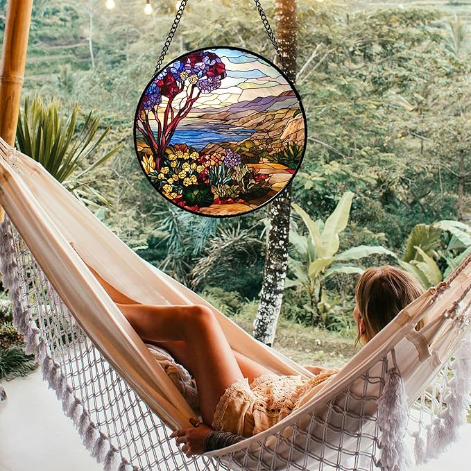 Stained Glass Window Hanging Retro Wildflowers Lake Mountain Scenery 6.3" - Suncatcher Door Garden Sun Catcher Home Decor Birthday Christmas for Mom Men Woman Friend