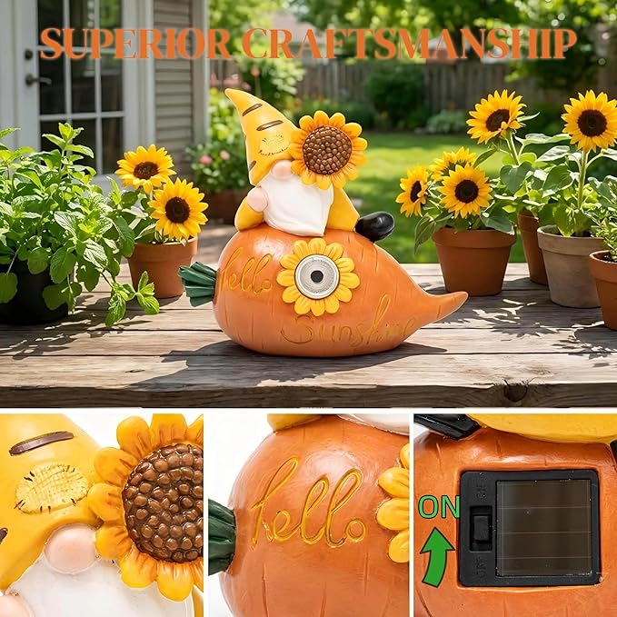 Garden Gnomes Outdoor, Solar Sunflower Gnome Garden Statue & Fairy Garden Accessories, Funny Garden Gnome Yard Ornaments & Lawn Statues, Resin Decor Gnomes Gifts for Women Mom