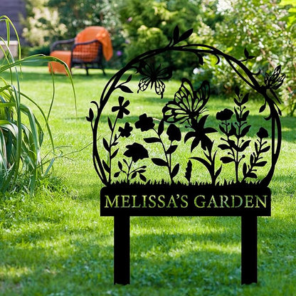 Personalized Garden Sign with Flower Design Custom Stake Butterfly Customized Gardening Gift Farmhouse Decor for Outside Gardening Decorative Gifts Gardeners Backyard Art Yard Outdoor Lawn Patio Path Black Large Camping Housewarming Mom Grandmother