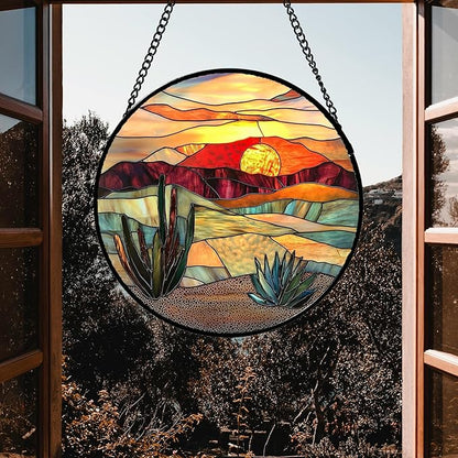 DASTOLL Stained Glass Window Hanging, Desert Scenery Lake Suncatcher for Doors Window Home Tan Tree Sun Catchers Decoration Mother's Day Birthday Gifts for Women, Men, and Mom 6.3 in