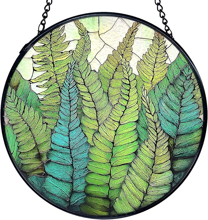 TNUW Fern Plant Stained Glass Window Hanging, Gifts for Plant Lovers Sun Catchers Indoor Window Glass Round Wall Art Decor, Fern Botanical Wall Hanging Decorations, 7.9＂x7.9＂
