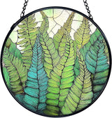 TNUW Fern Plant Stained Glass Window Hanging, Gifts for Plant Lovers Sun Catchers Indoor Window Glass Round Wall Art Decor, Fern Botanical Wall Hanging Decorations, 7.9＂x7.9＂