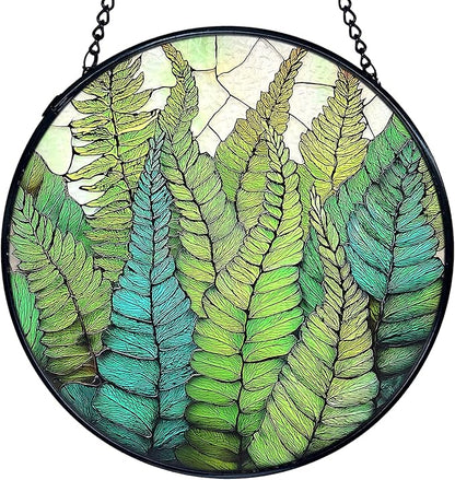 TNUW Fern Plant Stained Glass Window Hanging, Gifts for Plant Lovers Sun Catchers Indoor Window Glass Round Wall Art Decor, Fern Botanical Wall Hanging Decorations, 7.9＂x7.9＂