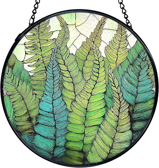TNUW Fern Plant Stained Glass Window Hanging, Gifts for Plant Lovers Sun Catchers Indoor Window Glass Round Wall Art Decor, Fern Botanical Wall Hanging Decorations, 7.9＂x7.9＂