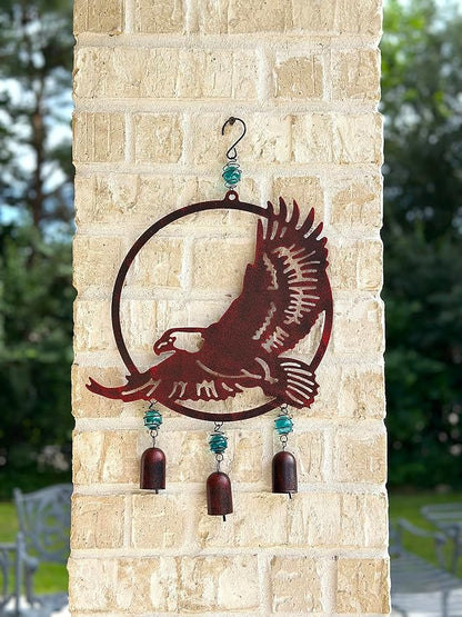 Wind Chime Eagle American Hanging Decor for Outdoor Metal W Glass Rustic Lawn Yard Patriotic 19" x 12"