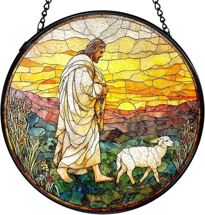 Christian Gifts for Women, Easter Jesus and Lamb Christian Suncatchers Stained Glass Window Hanging, Jesus Religious Sun Catchers Indoor Window Glass Round Wall Decor, 7.9x7.9in