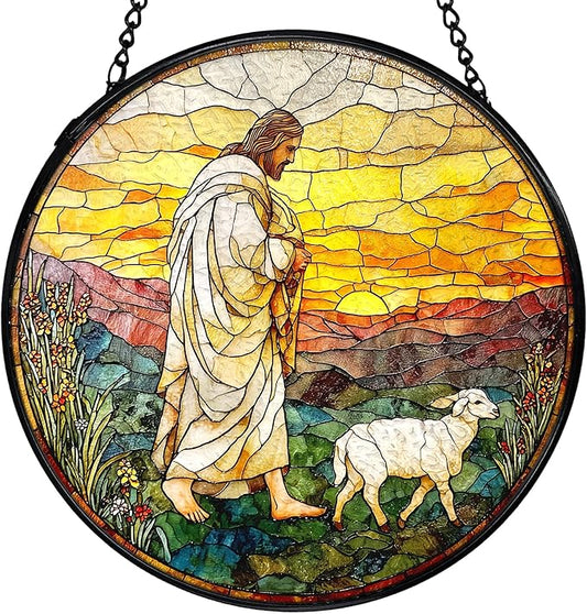 Christian Gifts for Women, Easter Jesus and Lamb Christian Suncatchers Stained Glass Window Hanging, Jesus Religious Sun Catchers Indoor Window Glass Round Wall Decor, 7.9x7.9in