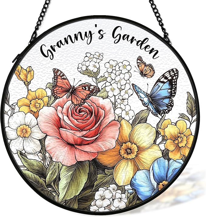 Granny Mothers Day Christmas Birthday Gifts Suncatcher Stained Glass Window from Grandkids for Granny, Grandma Gift Stained Glass Wall Decor, Granny's Garden Catchers Indoor Window,7.9x7.9In