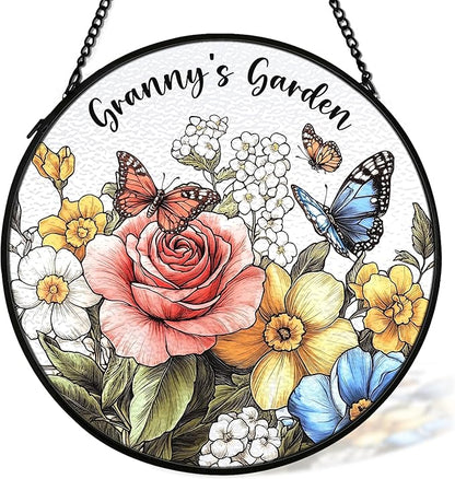 Granny Mothers Day Christmas Birthday Gifts Suncatcher Stained Glass Window from Grandkids for Granny, Grandma Gift Stained Glass Wall Decor, Granny's Garden Catchers Indoor Window,7.9x7.9In