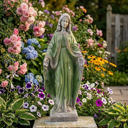 Virgin Mary Statue, 31.1'' H Outdoor Statue Garden Decor Mother Mary Statue for Patio Yard Home Hallway Entryway Magnesium Oxide Stone Large Outdoor/Indoor Decor Sculptures Gray Green