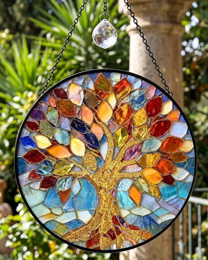 Stained Glass Window Hanging Tree of Life Sun Catcher, 7.8 Inch Suncatchers for Windows Hanging, Tree of Life Window Art Home Decor Gift for Women