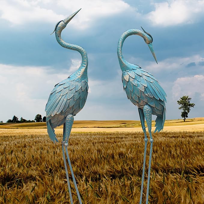 35-40 Inch Standing Garden Crane Statues for Outdoor, Metal Birds Yard Art Garden Crane Sculpture for Home Backyard Pond Patio Lawn Spring Decoration, Easter Decorations for Home, Set of 2