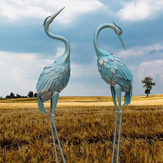 35-40 Inch Standing Garden Crane Statues for Outdoor, Metal Birds Yard Art Garden Crane Sculpture for Home Backyard Pond Patio Lawn Spring Decoration, Easter Decorations for Home, Set of 2