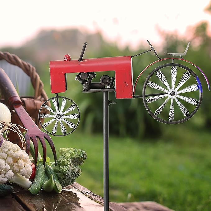 Americana Garden Stake, Red Farm Tractor, Turning Wheels, Vintage Finish, Artisan Crafted, Iron, Hammered Wheel Spoke Details, Single Prong, 51 Inches Tall