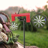 Americana Garden Stake, Red Farm Tractor, Turning Wheels, Vintage Finish, Artisan Crafted, Iron, Hammered Wheel Spoke Details, Single Prong, 51 Inches Tall