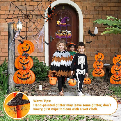 Halloween Metal Pumpkin Yard Stakes, Stackable Pumpkin Signs Garden Stake with Witch Door Hanging, Outdoor Halloween Decorations for Lawn Party (Set of 3, Style B)