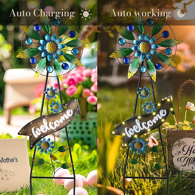 TERESA'S COLLECTIONS Hummingbird Garden Solar Stake, Wind Spinner Yard Art Sign for Outdoor Decor, Metal Purple Floral Windmill Decorative Garden Stake for Lawn Ornaments, Gifts for Mom, 26''
