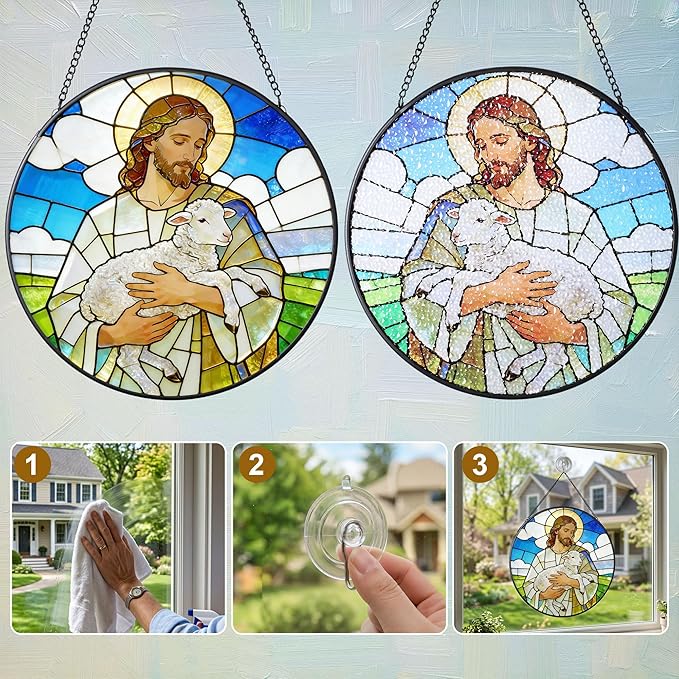 Stained Glass Window Hanging 7.9'' Jesus and Sheep Sun Catchers Stained Glass Suncatcher for Windows He is Risen Resurrection of Jesus Gift for Religious Christian Gifts Home Decor