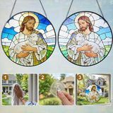 Stained Glass Window Hanging 7.9'' Jesus and Sheep Sun Catchers Stained Glass Suncatcher for Windows He is Risen Resurrection of Jesus Gift for Religious Christian Gifts Home Decor