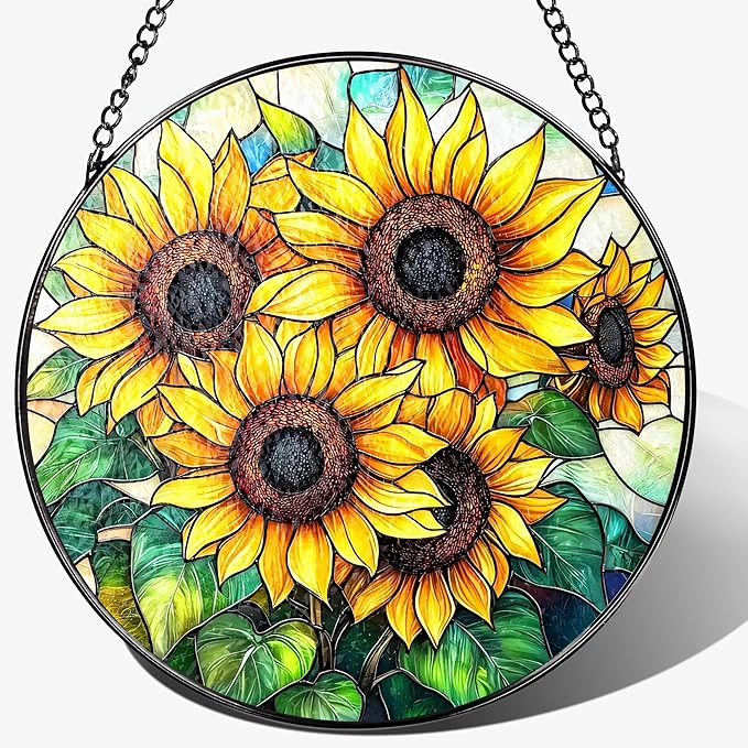 Stained Glass Window Hanging, 8 Inch Sunflower Stained Glass Suncatcher, Suncatchers for Windows Hanging, Home Decor for Window, Teacher Gift, Birthday Gift, Sunflower Gifts for Women, Friend
