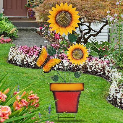 pearlstar Sunflower Decorative Garden Stake 44 Inches Large Metal Art Outdoor Yard Decor Flower Pot Design for Outside Garden Lawn Patio Proch Ornaments,Butterfly