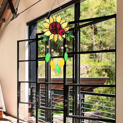 Stained Glass Suncatcher, Sunflower and Ladybug Window Hanging, 20 x 8 inches, Hand-Painted (Style 1)