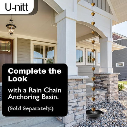 U-nitt Rain Chain Water Collection for Gutters Rainwater Catcher & Diverter, 8.5 FT Chains for Outside Garden, Golden Square Cups, Roof Downspout, Works with Heavy Rain, w/Gutter Clip for Rainchains