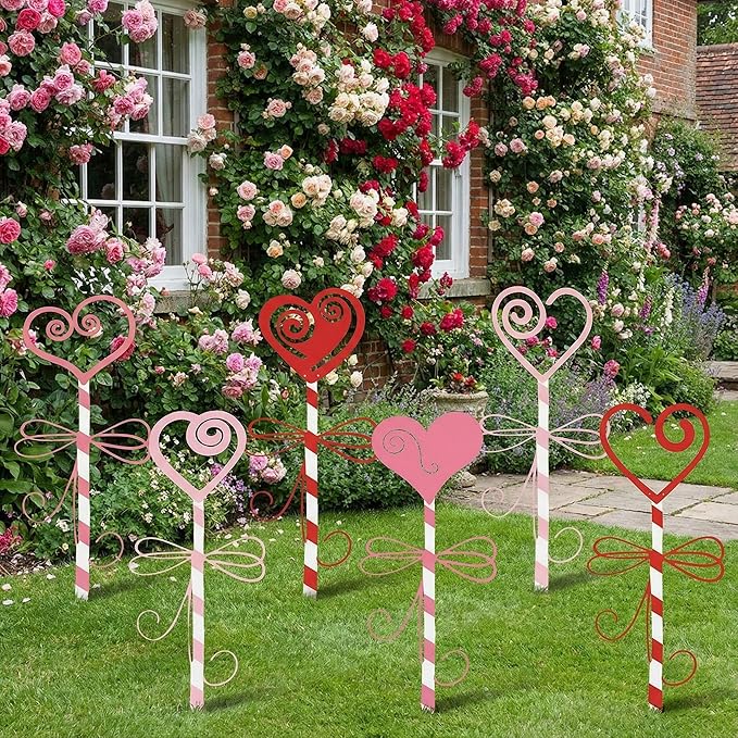 6 Pcs 14.6" Valentine's Day Metal Yard Stakes Large Metal Heart Garden Stakes Red Pink Planter Sign for Valentines Day Flower Pot Porch Patio Walkway Lawn Outdoor Decoration
