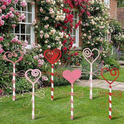 6 Pcs 14.6" Valentine's Day Metal Yard Stakes Large Metal Heart Garden Stakes Red Pink Planter Sign for Valentines Day Flower Pot Porch Patio Walkway Lawn Outdoor Decoration
